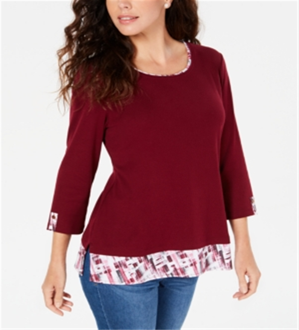 Karen Scott Women's Layered Look Solid Plaid Top Red Size X-Small
