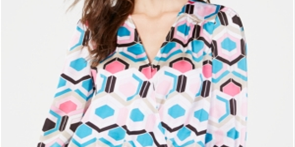 Inc International Concepts Women's Petite Printed Faux-Wrap Top  - Honeycomb Blue Size Petite Medium