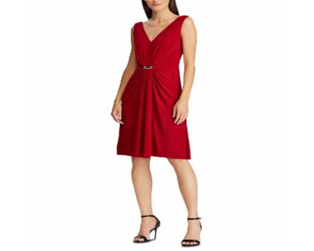 राल्फ लॉरेन महिलाओं के लिए क्रिस्टल ब्रोच गैदर्ड ड्रेस, लाल, साइज़ 18
