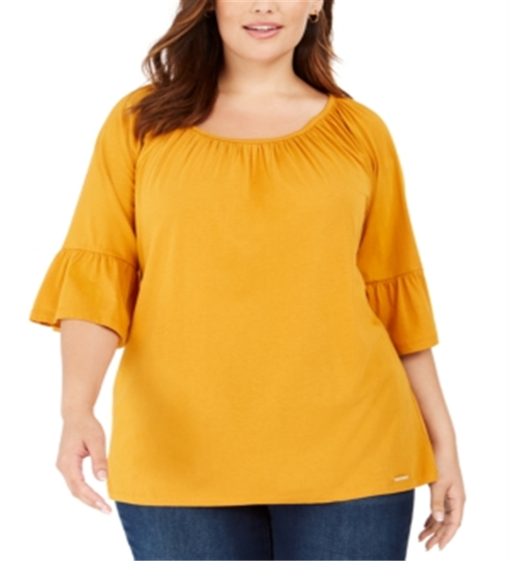 Michael Kors Women's Boho Bell Sleeve Plus Peasant Top Yellow Size 1X