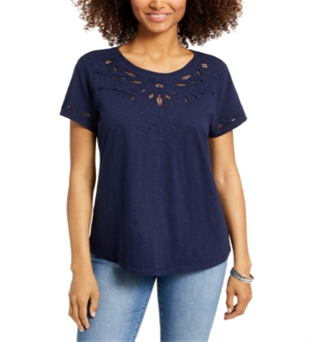 Charter Club Women's Cutout Cotton T-Shirt Blue Size XX-Large