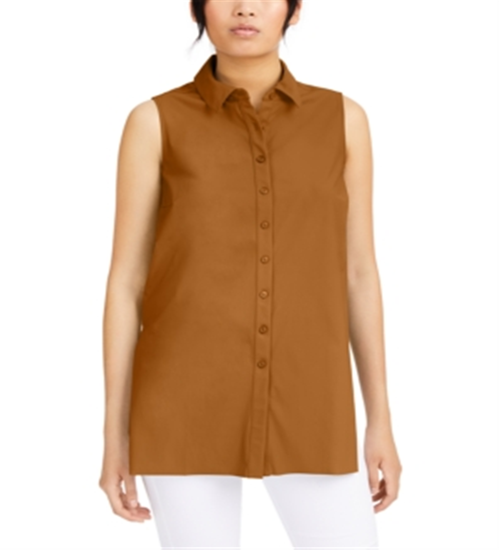 Alfani  Women's Sleeveless Collared Button up Top Beige Size M