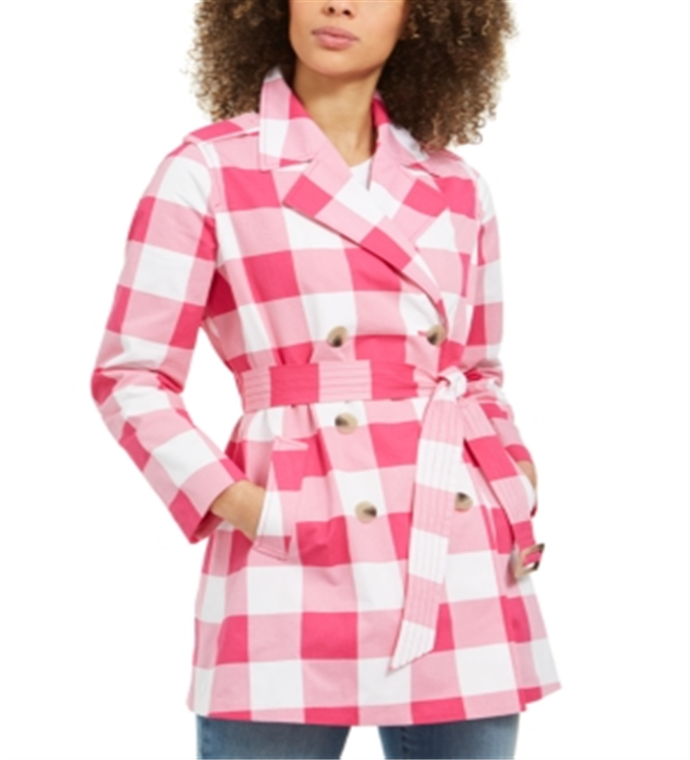 Charter Club Women's Checkered Trench Coat Pink Size X-Small