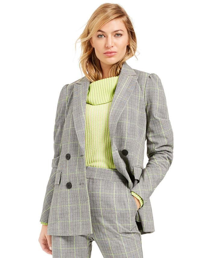 Bar III Women's Plaid Double Breasted Blazer Gray Size X-Small