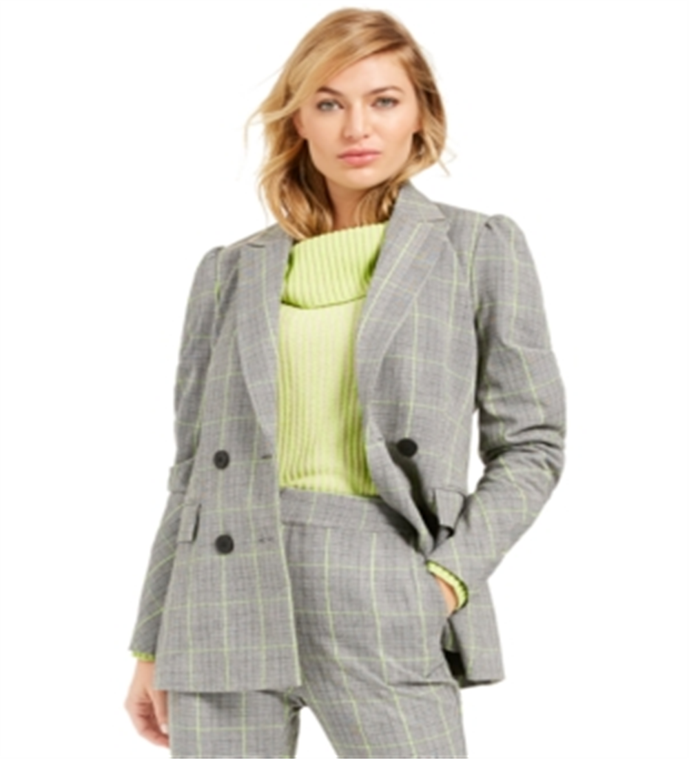 Bar III Women's Plaid Double Breasted Blazer Gray Size X-Small