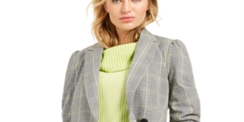 Bar III Women's Plaid Double Breasted Blazer Gray Size X-Small