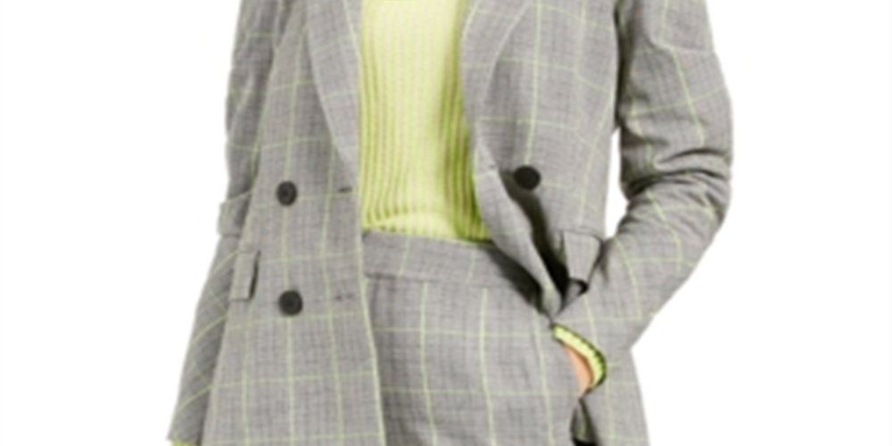 Bar III Women's Plaid Double Breasted Blazer Gray Size X-Small