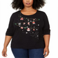 Karen Scott Women's Cotton Holiday Rhinestone Embellished Top Black Size 3X