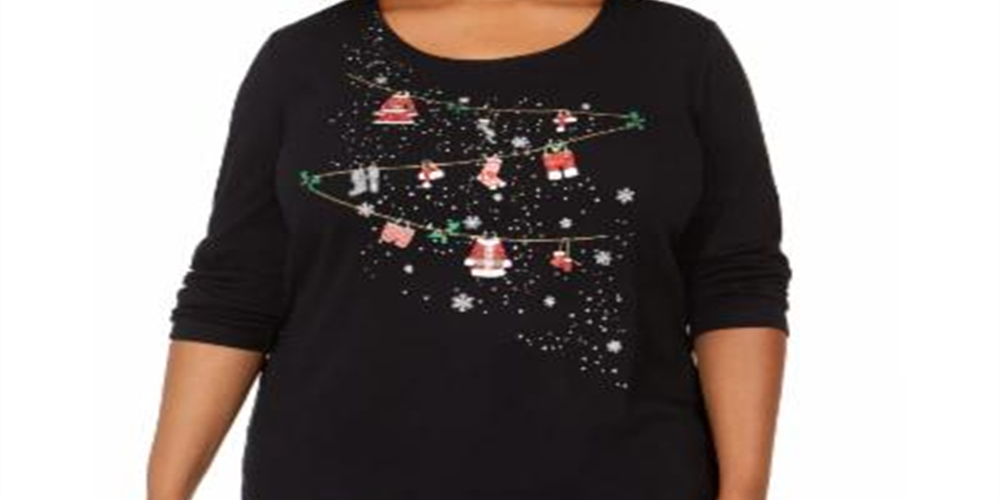 Karen Scott Women's Cotton Holiday Rhinestone Embellished Top Black Size 3X