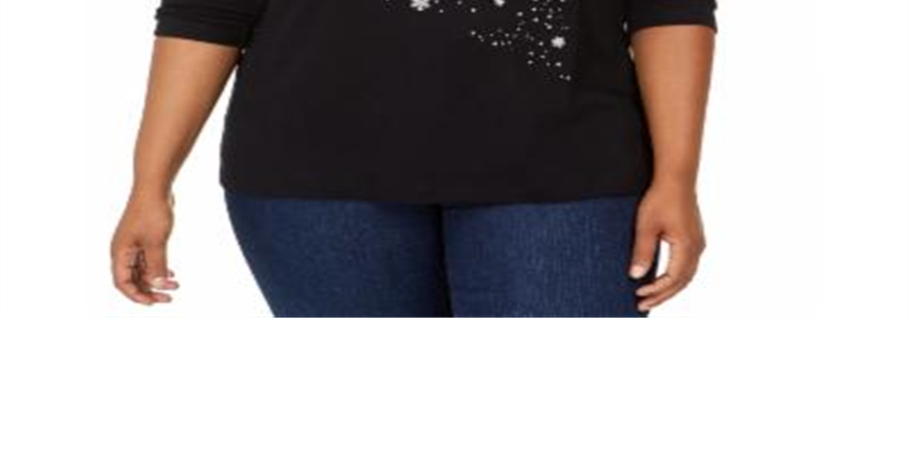 Karen Scott Women's Cotton Holiday Rhinestone Embellished Top Black Size 3X