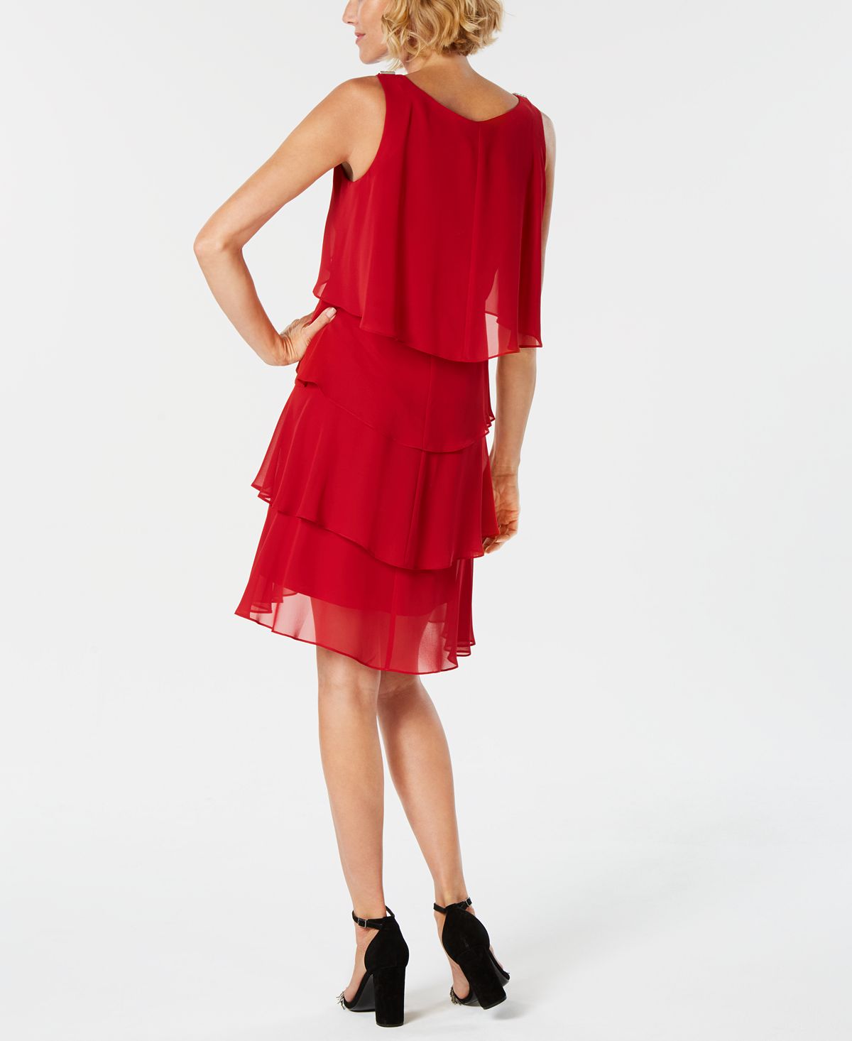 SL Fashions Women's Embellished Shoulders Sleeveless Scoop Neck Above the Knee Evening Fit Flare Dress Red Size 18
