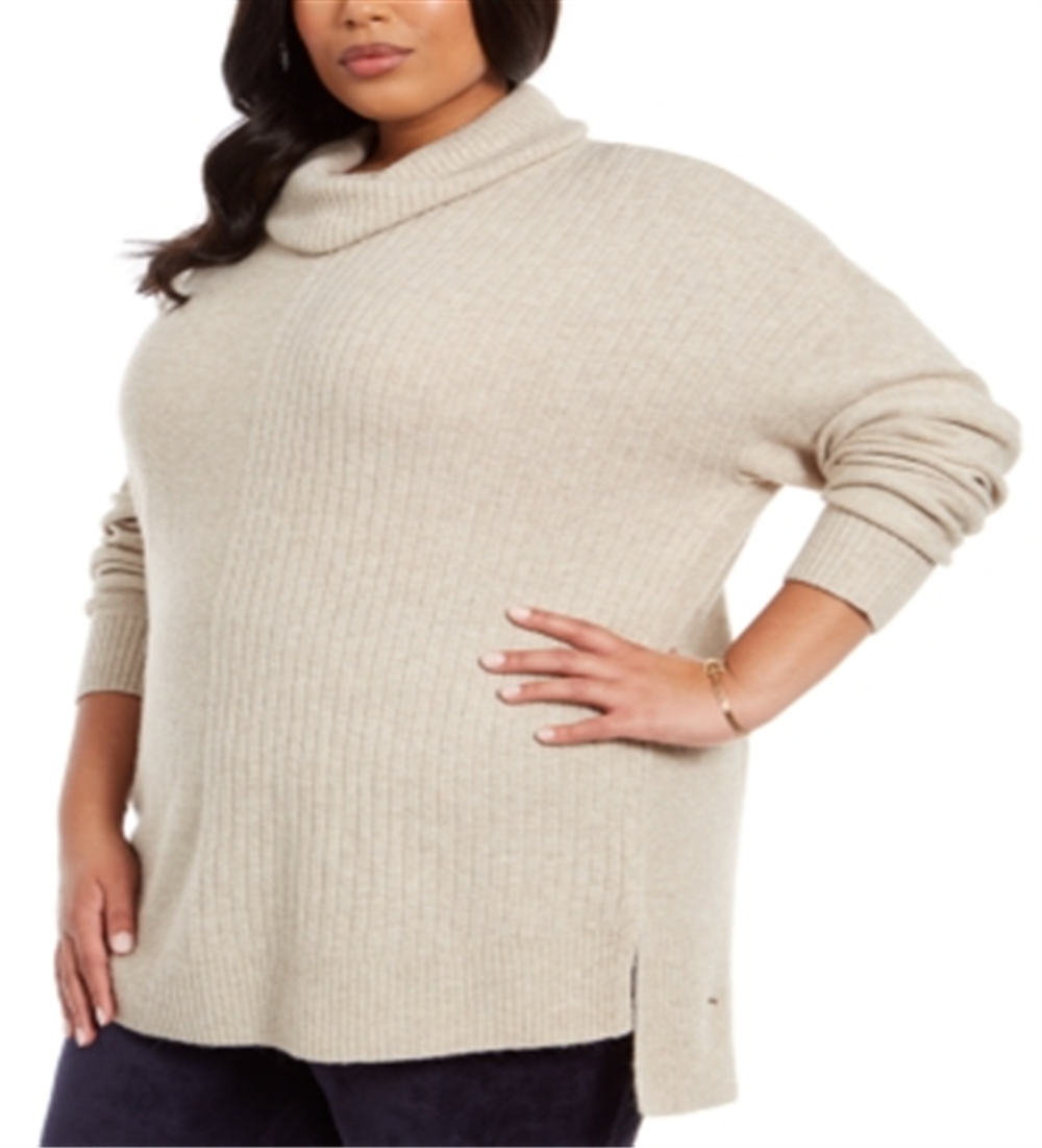 Style & Co Women's Plus Mixed Ribbed Turtleneck Tunic Sweater Brown Size 3X