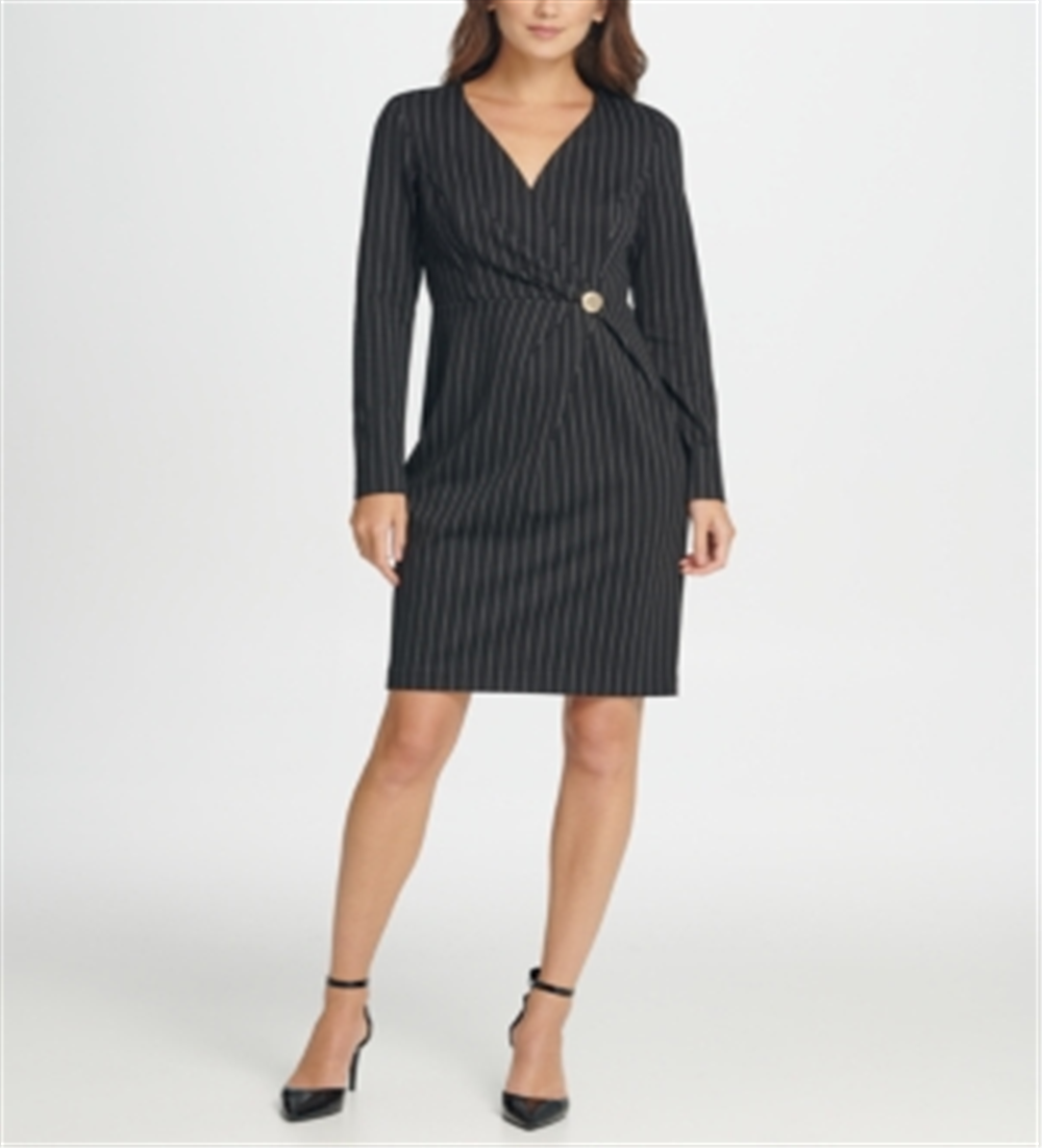 DKNY Women's Rhinestone Pinstripe Long Sleeve V Neck Above the Knee Wrap Wear to Work Dress Black Size 10