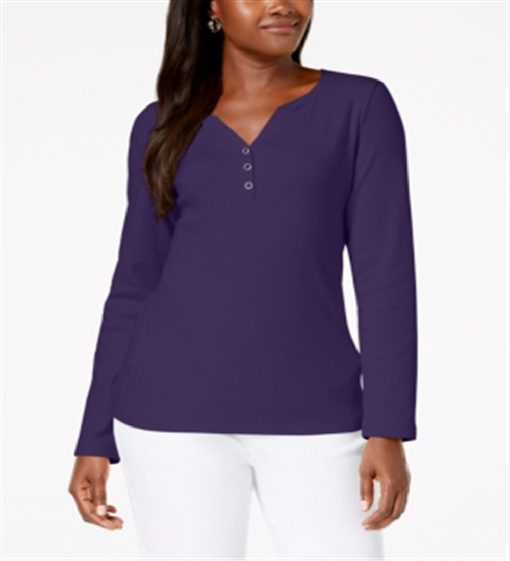 Karen Scott Women's Cotton Henley Neck Top Purple Size Petite Small