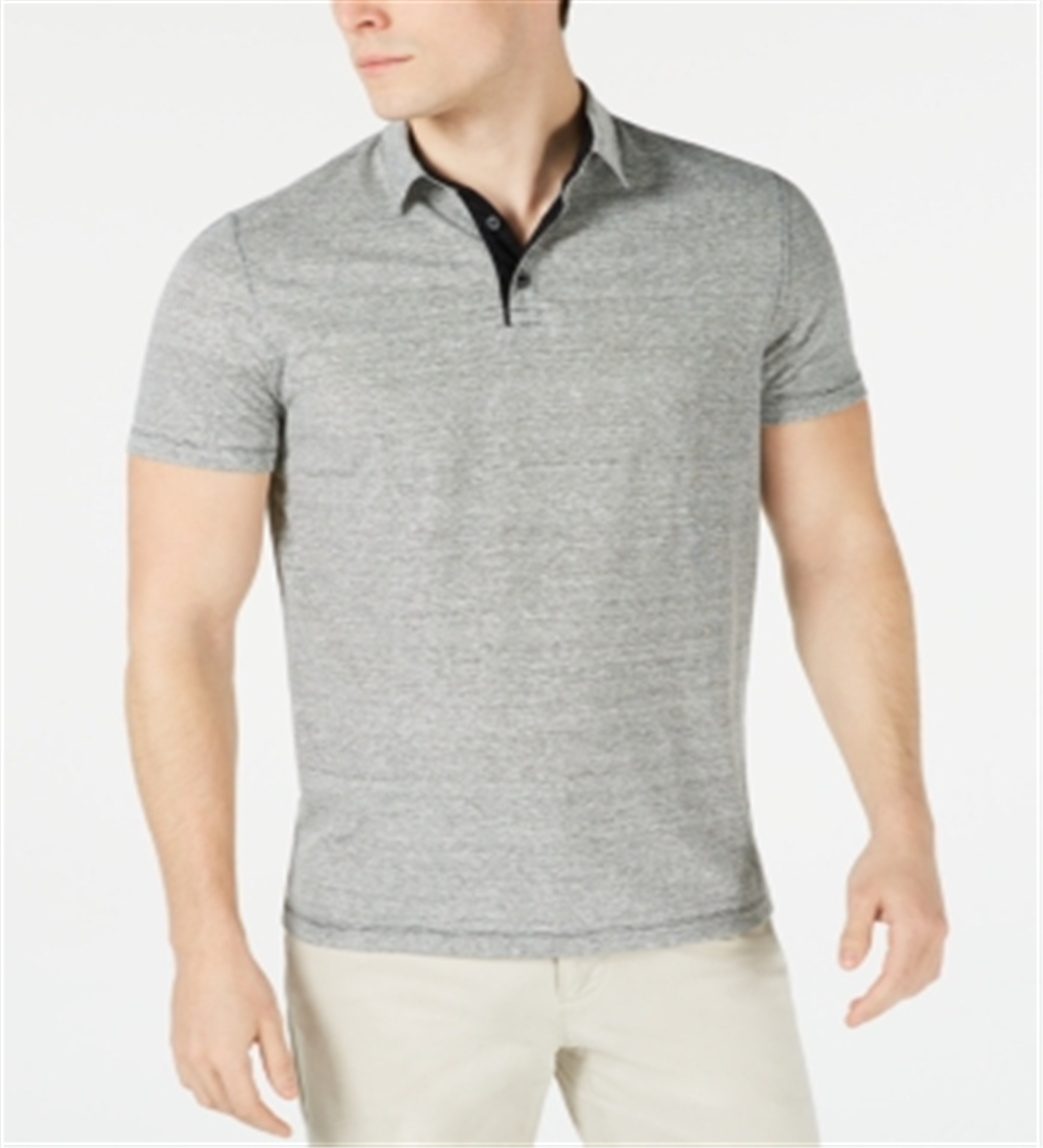 Alfani Men's Regular Fit End on End Stripe Linen Blend Polo Shirt Gray Size Medium
