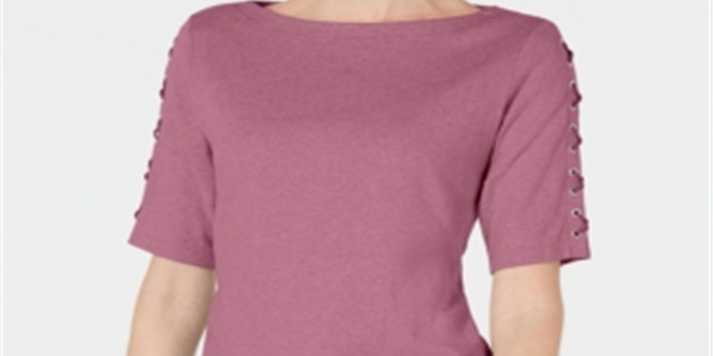 Karen Scott Women's  Cotton Lace-up-Sleeve Top  Pink Size S