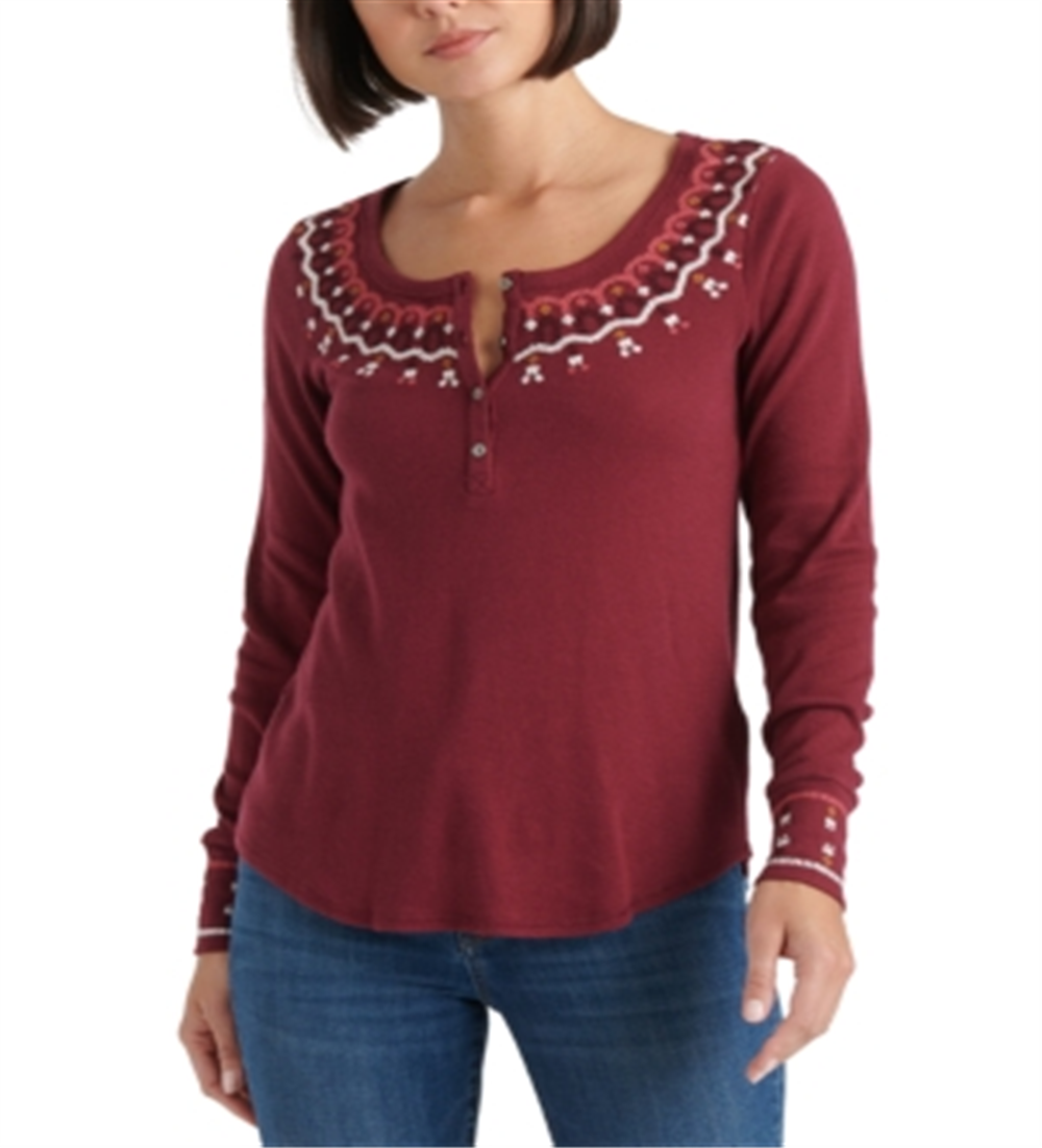 Lucky Brand Women's Embroidered Thermal Top Red Size X-Large