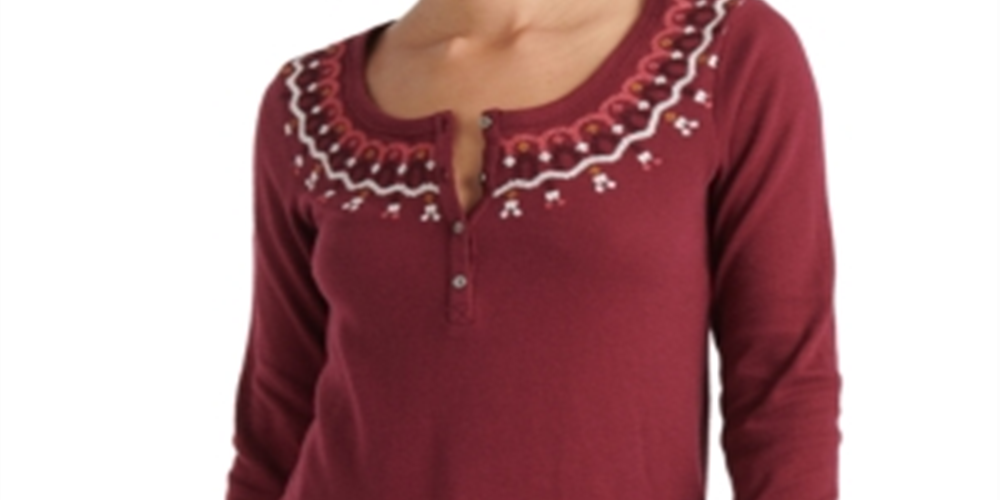 Lucky Brand Women's Embroidered Thermal Top Red Size X-Large
