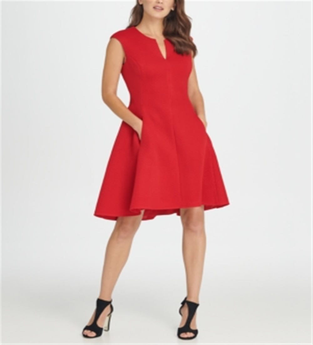 DKNY Women's a Line Net Woven Notch Neck Pocket Dress Red Size 8