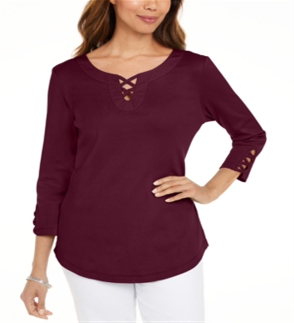 Karen Scott Women's Cotton Lace-up T-Shirt  Red Size LARGE