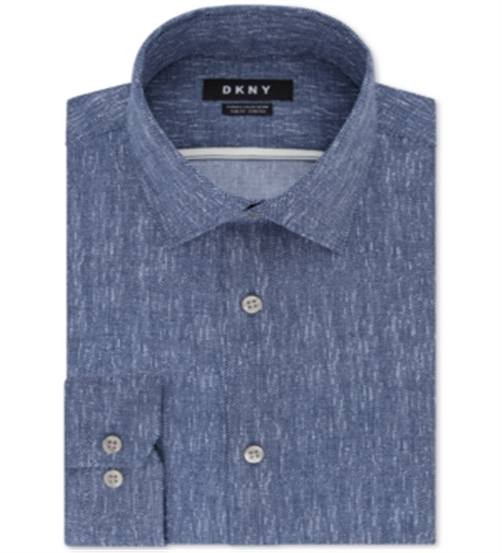DKNY Men's 17 Button Down Slim Fit Stretch Dress Blue Size X-Large