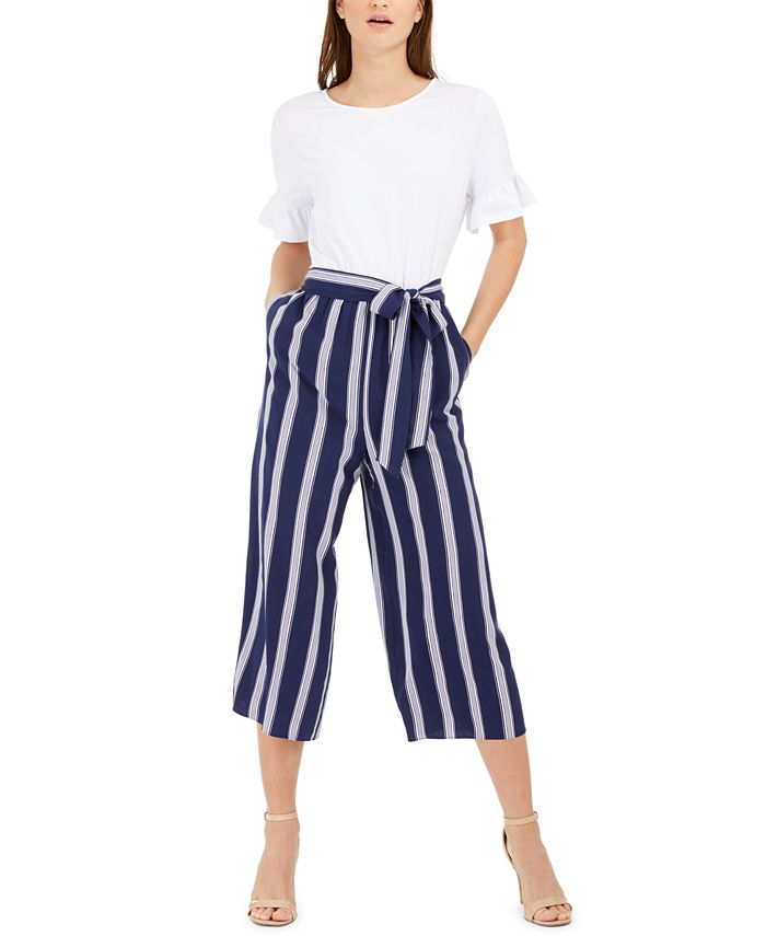 Maison Jules Women's Striped Ruffle Sleeves Jumpsuit Blue Size Medium