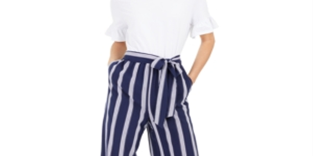 Maison Jules Women's Striped Ruffle Sleeves Jumpsuit Blue Size Medium