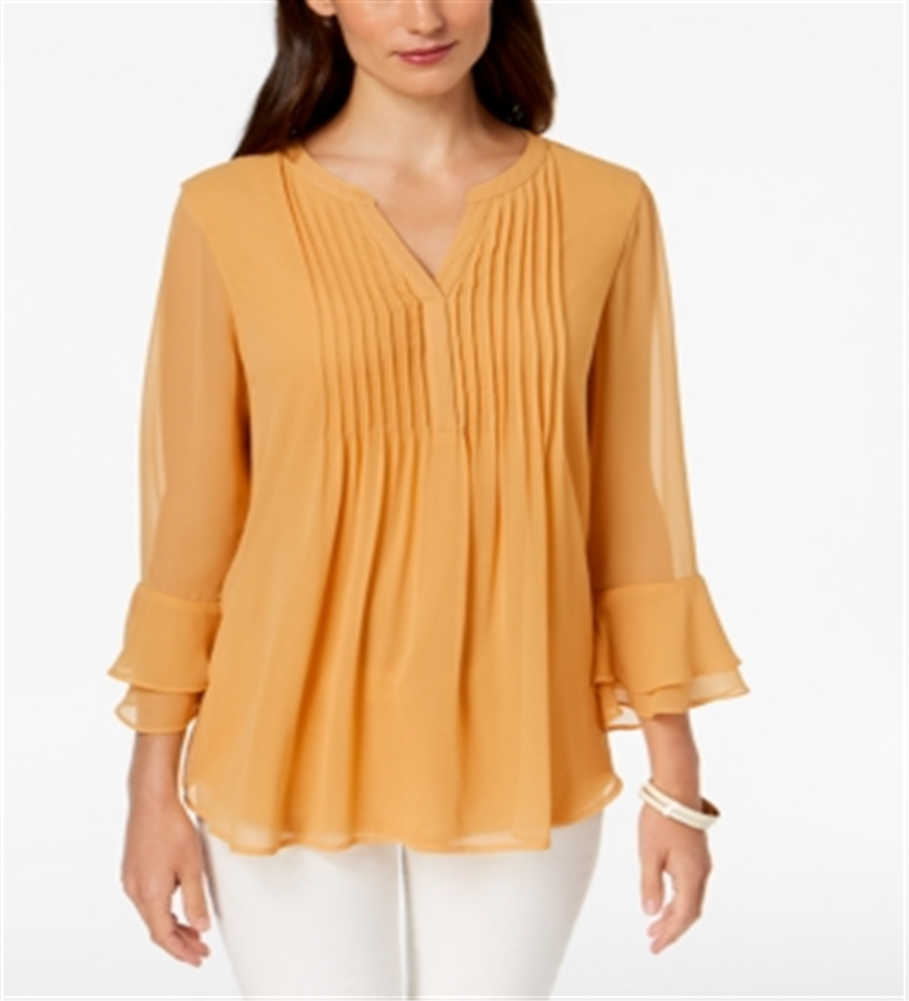 Charter Club Women's Petite Double Ruffle Solid Pintuck Top  Yellow Size Petite M