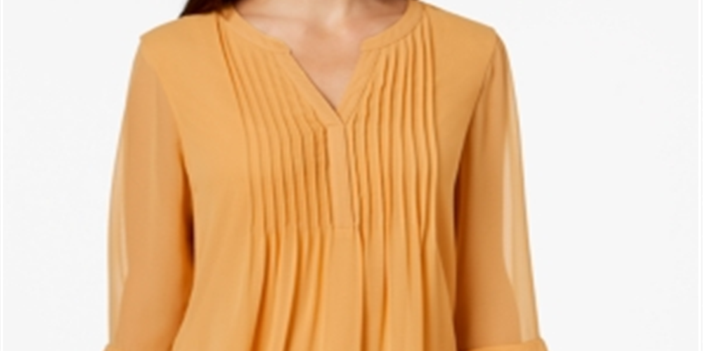 Charter Club Women's Petite Double Ruffle Solid Pintuck Top  Yellow Size Petite M