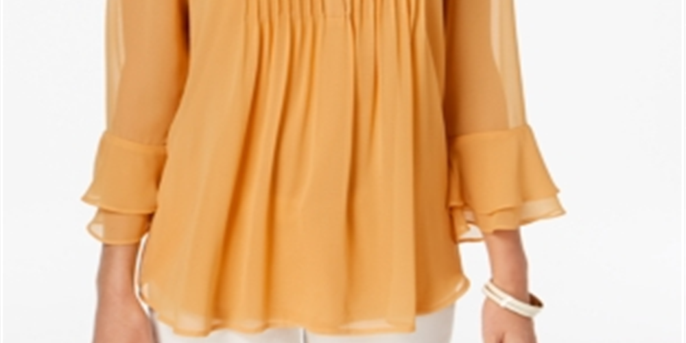 Charter Club Women's Petite Double Ruffle Solid Pintuck Top  Yellow Size Petite M