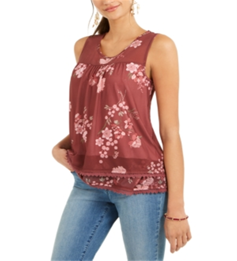 Style & Co Women's Floral Print Mesh Tank Top Wine Size Small