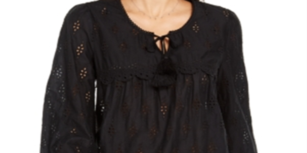 Style & Co Women's Eyelet Tassel Blouse Black Size PP