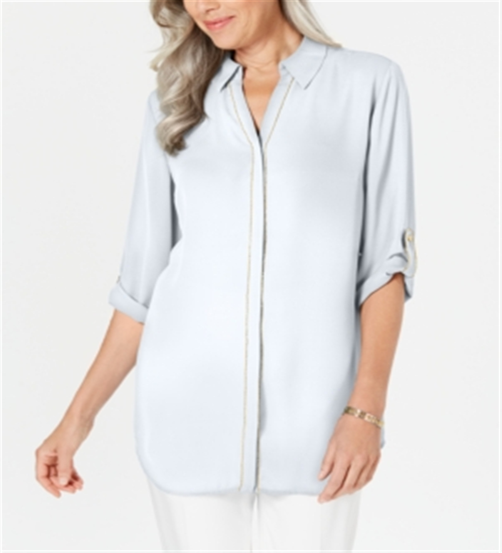 JM Collection Women's Caviar Trim Button up Top Blue Size Medium