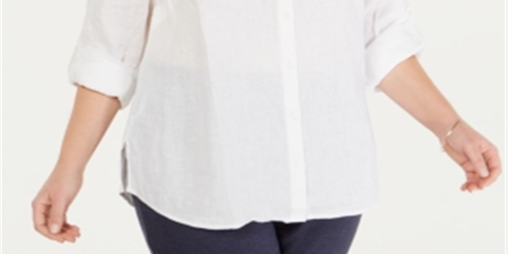 Charter Club Women's Plus Linen Utility Shirt White Size 1X