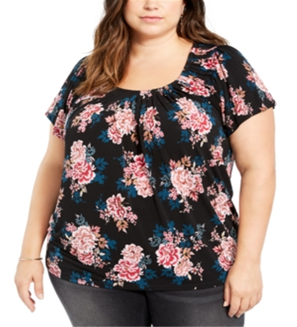Style & Co Women's Plus Print Pleated Neck Top Black Size 0X