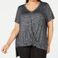 Calvin Klein Women's Plus Draped V Neck T-Shirt Gray Size 1X
