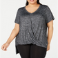 Calvin Klein Women's Plus Draped V Neck T-Shirt Gray Size 1X