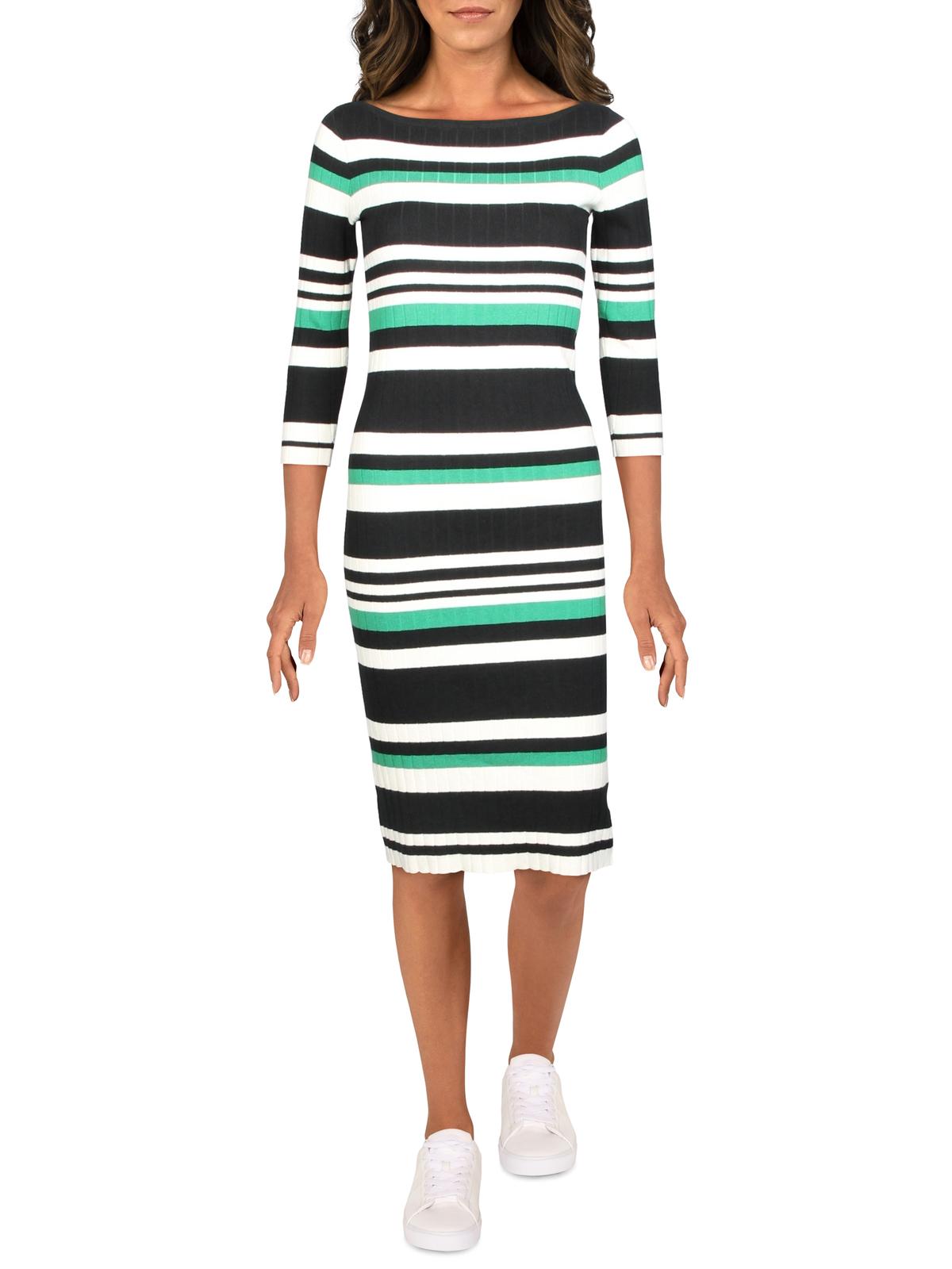 Ralph Lauren Women's Striped 3/4 Sleeve Boat Neck Below the Knee Body Con Dress Green Size Large