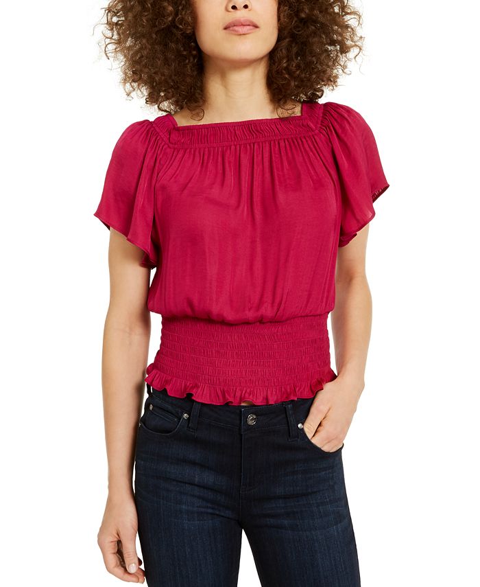 INC Women's Smocked Flutter Sleeves Top Pink Size S