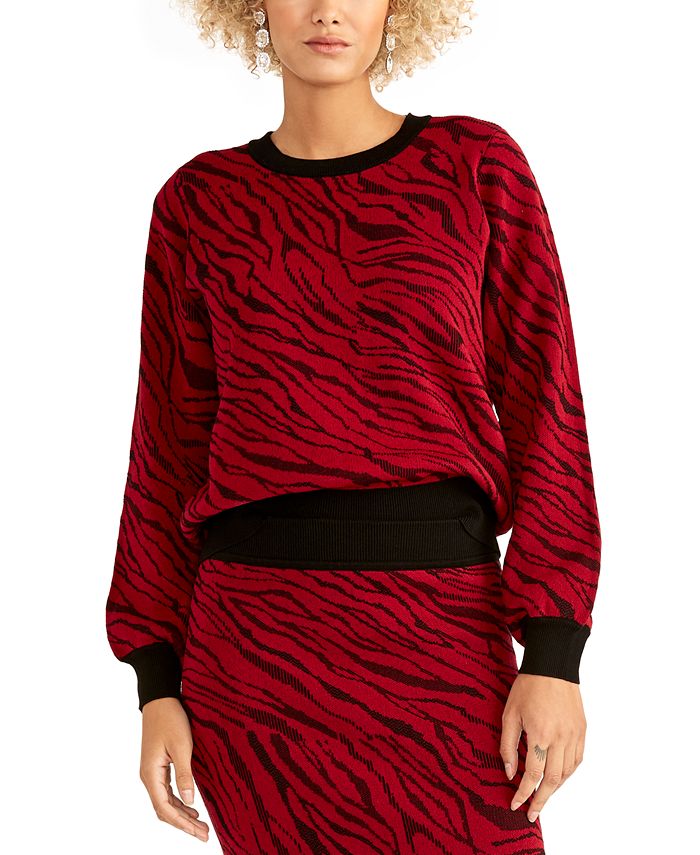 Rachel Roy Women's Amelia Printed Ribbed Trim Crewneck Sweater Red Size Medium