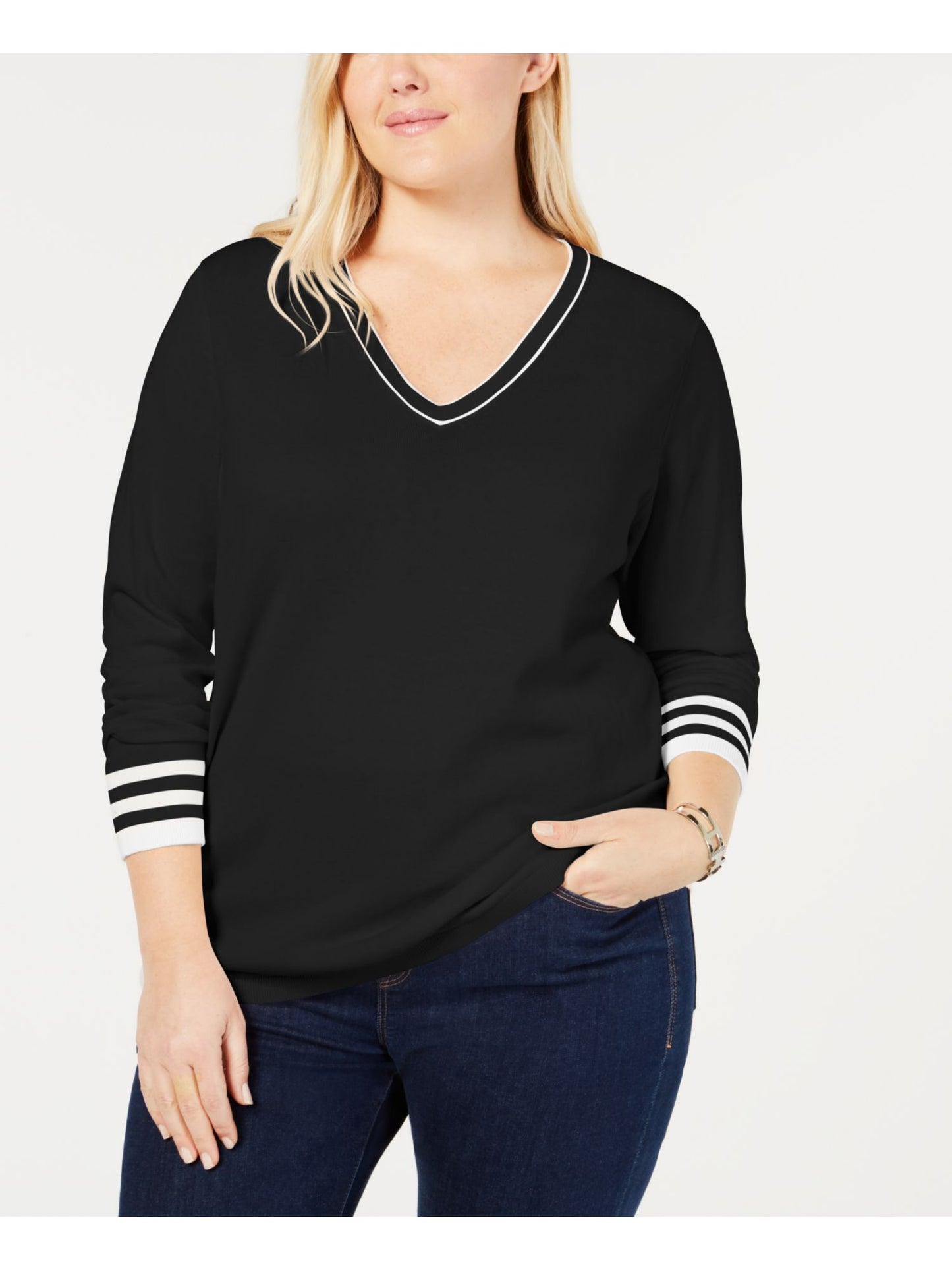 Tommy Hilfiger Women's Long Sleeve V Neck Sweater Black Size 3X