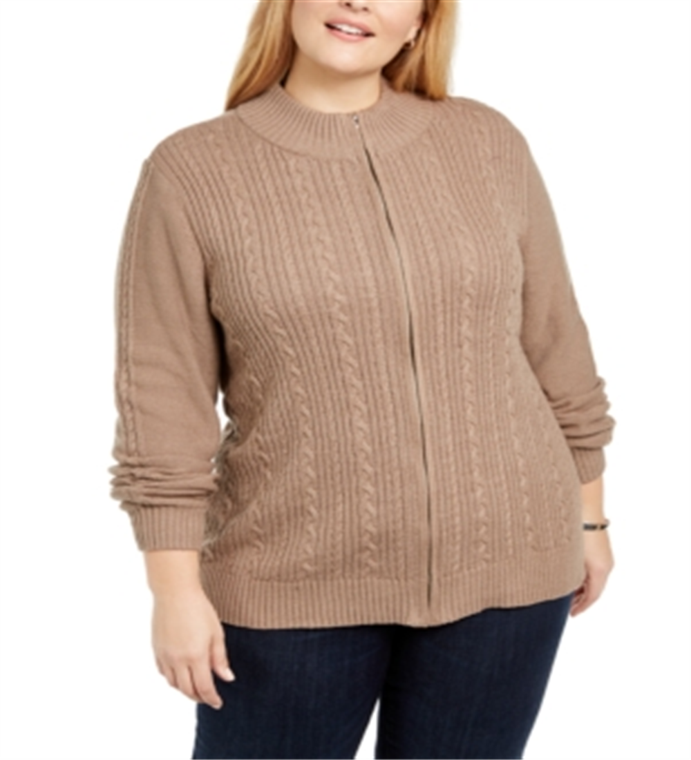 Karen Scott Women's Plus Cable Knit Cardigan Sweater Brown Size -1X