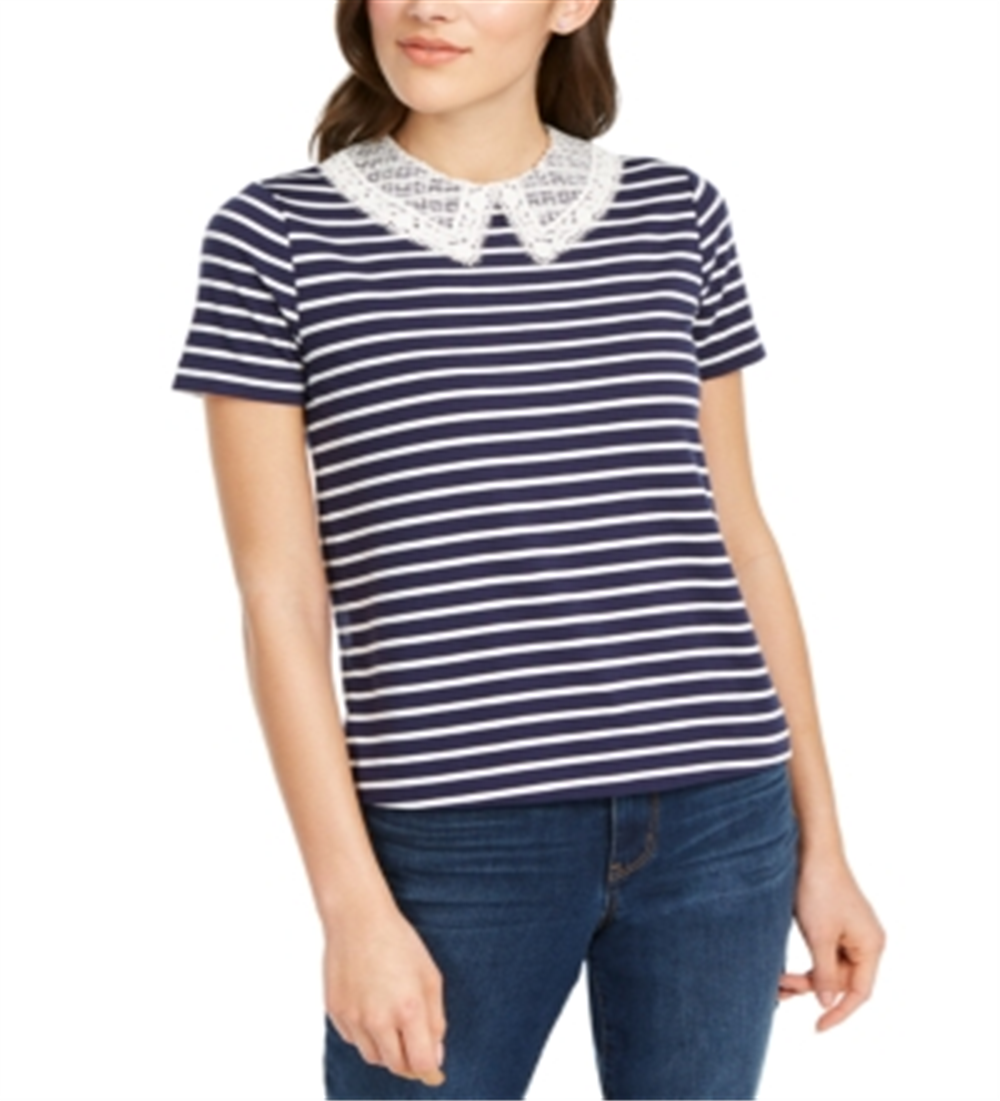 Maison Jules Women's Striped Lace Trim Pullover Top Blue Size X-Small