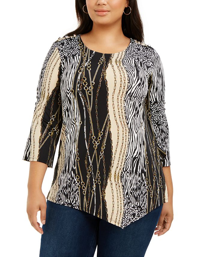 NY Collection Women's Plus Printed 3/4 Sleeve Asymmetric Top Black Size 3X