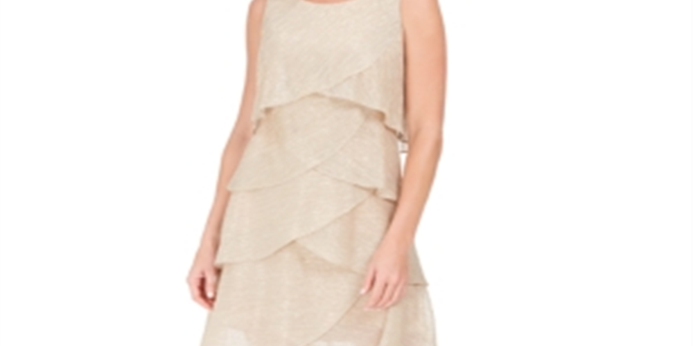 SLNY Women's Metallic Tiered Shift Dress Beige  Size 6
