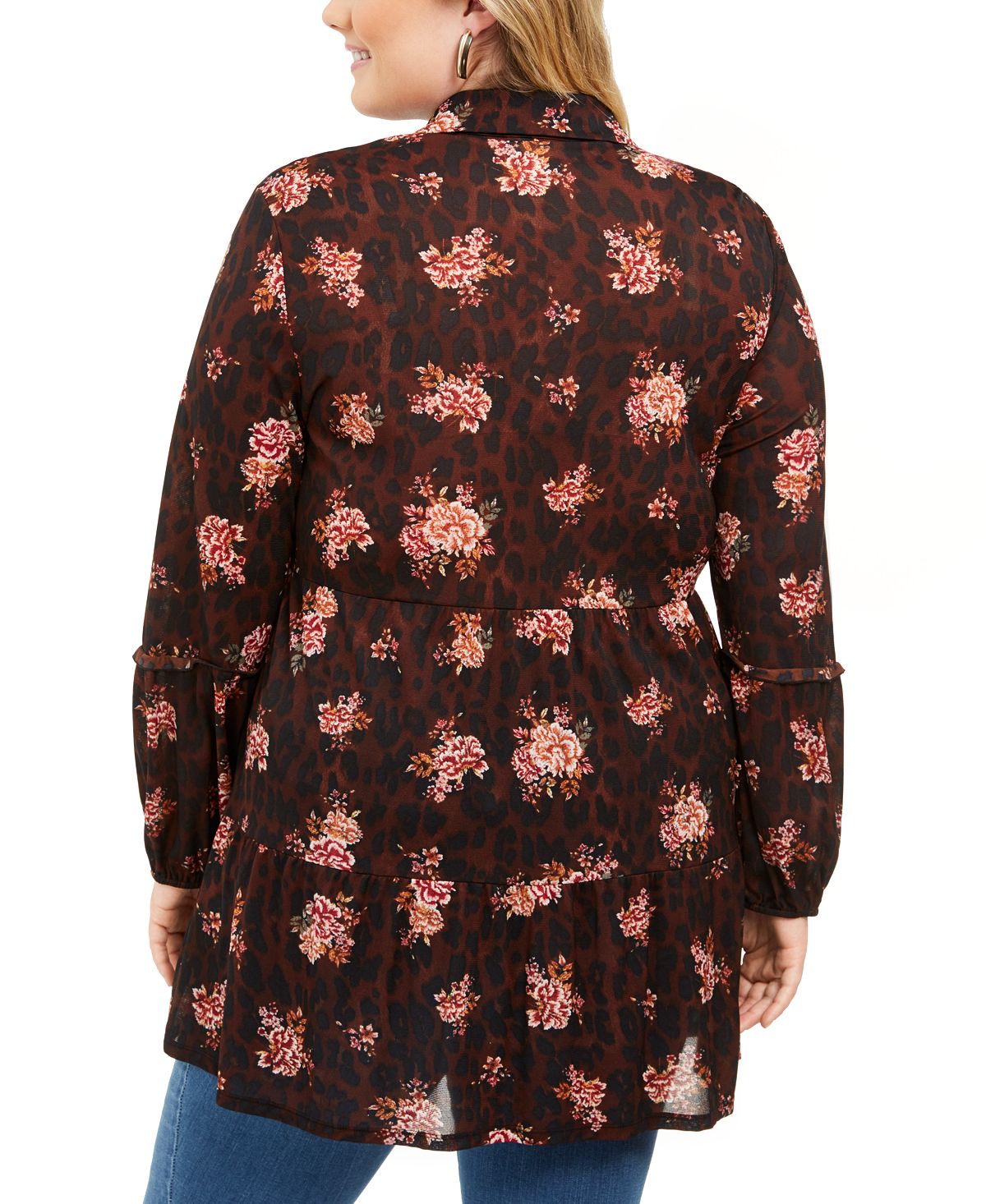 Style & Co Women's Plus Printed Long Button up Shirt Brown Size 0X
