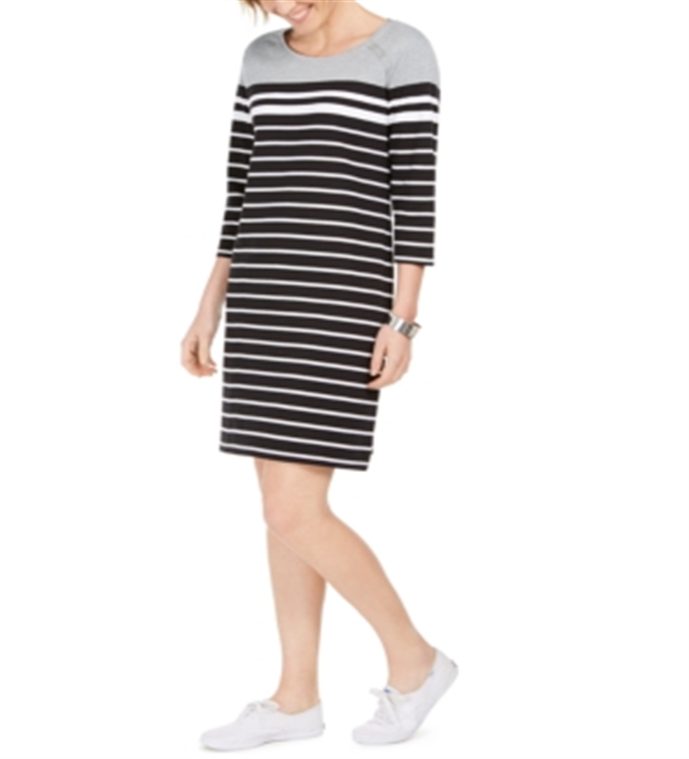 Karen Scott Women's Sport Striped Grommet Shoulder Shift Dress Gray Size Medium
