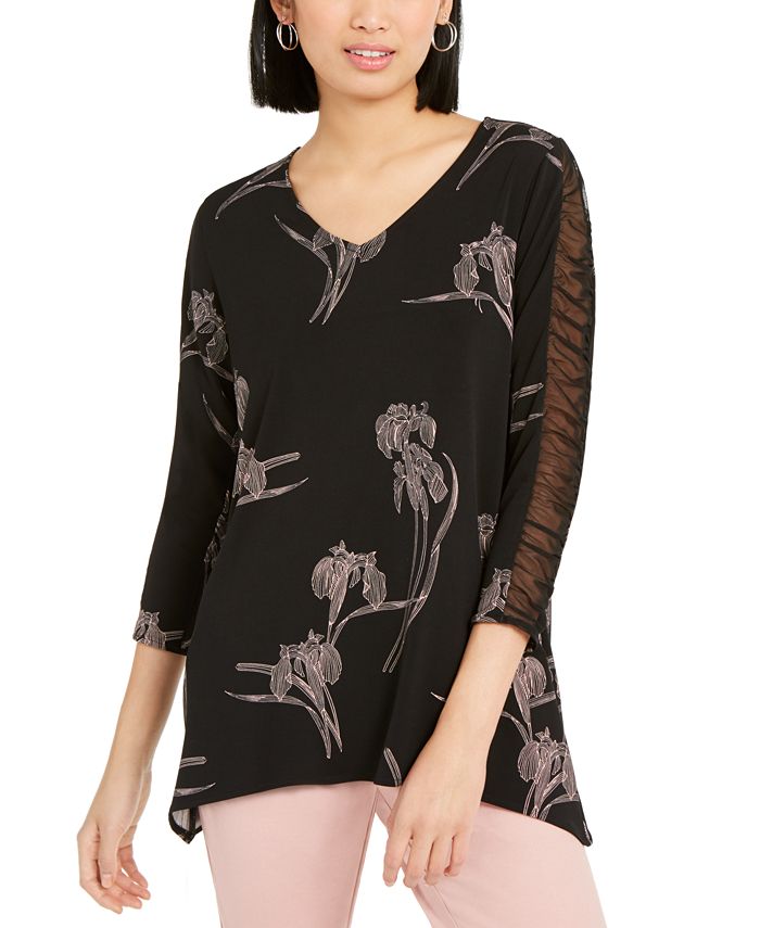Alfani Women's Floral Print Ruched Sleeve Top Black Size Large