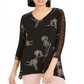 Alfani Women's Floral Print Ruched Sleeve Top Black Size Large