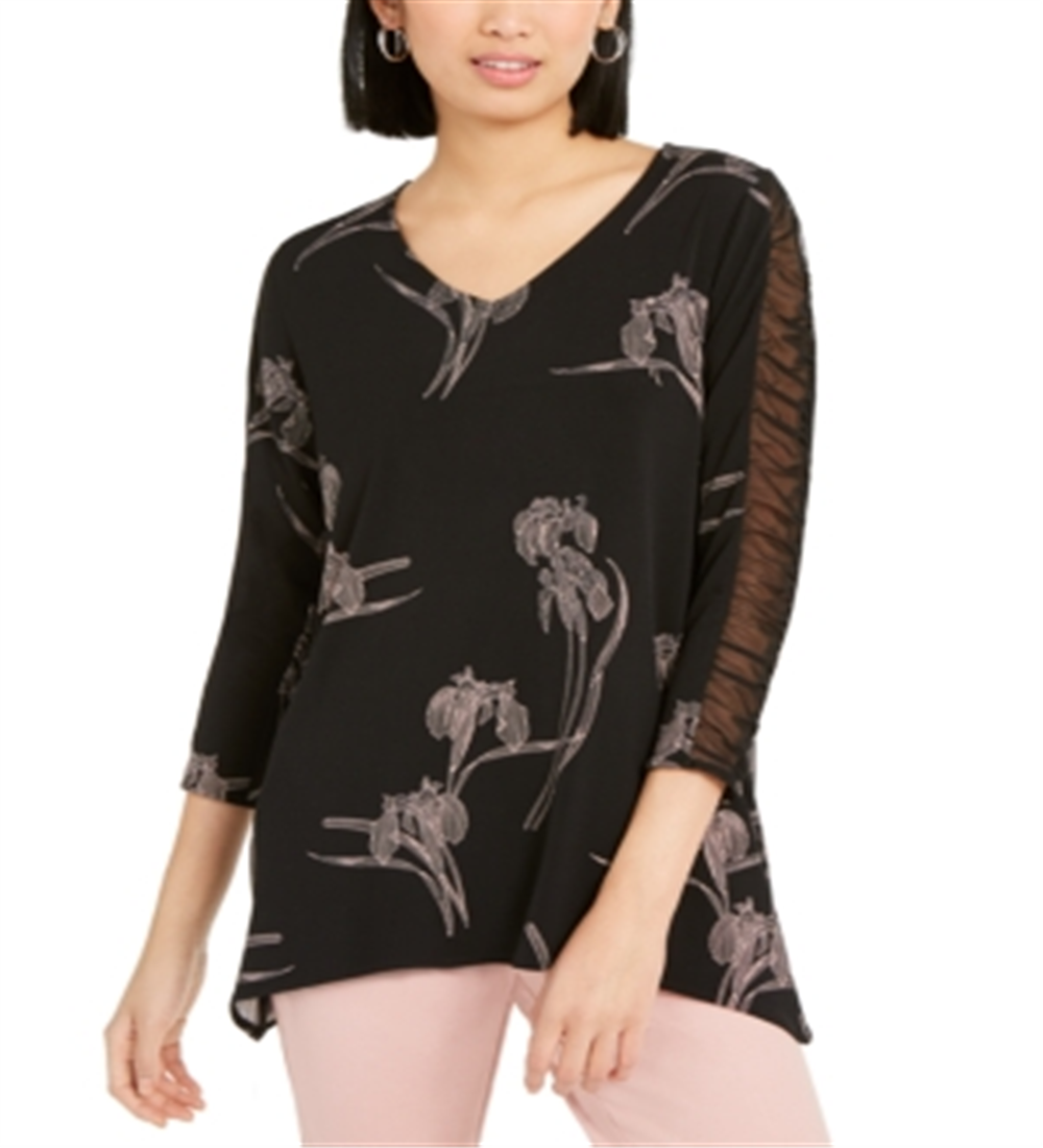 Alfani Women's Floral Print Ruched Sleeve Top Black Size Large